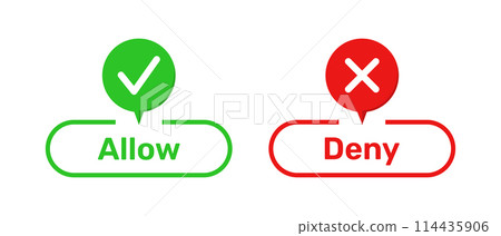 Right and Wrong symbols with Allow and Deny buttons in green and red color. Allow and Deny buttons with right and wrong symbols. Tick and cross symbols with allow and deny buttons. Right and Wrong symbols with Allow and Deny buttons in green and red color. Allow and Deny buttons with right and wrong symbols. Tick and cross symbols with allow and deny buttons. 114435906
