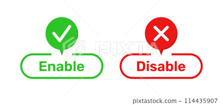Right and Wrong symbols with Enable and Disable buttons green and red color. Enable and Disable buttons with right and wrong symbols. Tick and cross symbols with enable and disable buttons. Right and Wrong symbols with Enable and Disable buttons green and red color. Enable and Disable buttons with right and wrong symbols. Tick and cross symbols with enable and disable buttons. 114435907