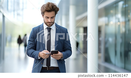 A young professional uses his phone to bank on the go 114436147