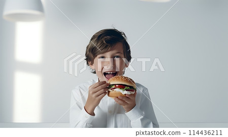 The image shows a boy eating a hamburger The topic could beA boy The image shows a boy eating a hamburger The topic could beA boy 114436211