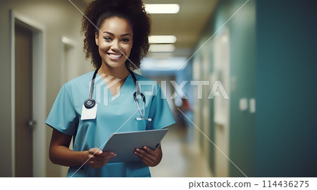 A young female doctor or nurse smiling while holding a tablet 114436275