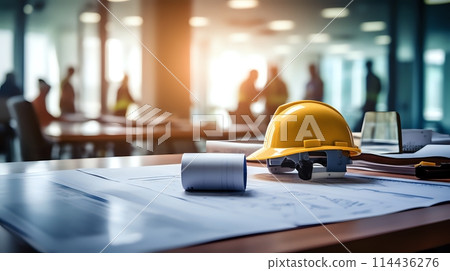 A yellow hard hat sits on top of a set of blueprints 114436276