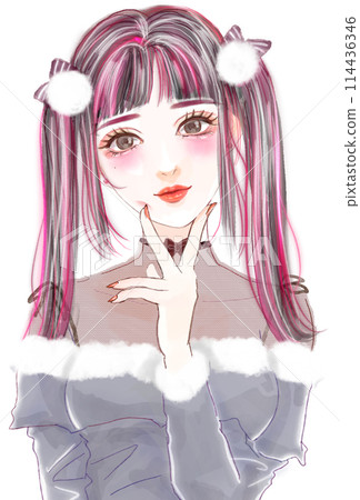 礦井風格時尚女孩的插圖,粉紅色頭髮,雙尾,下巴片 礦井風格時尚女孩的插圖,粉紅色頭髮,雙尾,下巴片 114436346