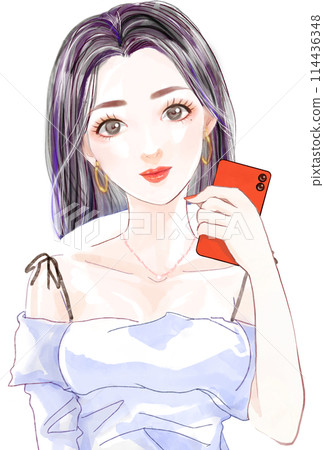 單手拿著手機微笑的酷炫單層美女插畫 114436348