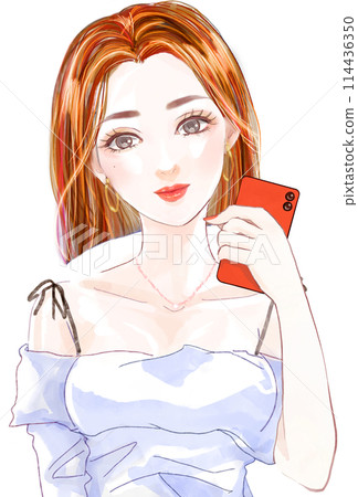 一位身穿露肩上衣、單手拿著手機微笑的性感女士的插圖 一位身穿露肩上衣、單手拿著手機微笑的性感女士的插圖 114436350