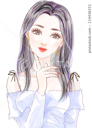 一個美麗的女人的插圖,她穿著露肩上衣,長長的黑髮盯著你 一個美麗的女人的插圖,她穿著露肩上衣,長長的黑髮盯著你 114436351