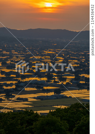 The scattered villages of the Tonami Plain dyed in the sunset (May) | Photographed from the Scattered Village Observatory | Tonami City, Toyama Prefecture 114436432