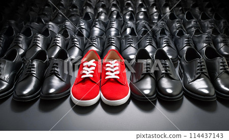 A Pair of Red Sneakers Among a Group of Black Leather Dress Shoes - Generative Ai 114437143