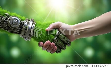 Handshake Between a Human Hand and a Hand Made of Green Grass - Generative Ai 114437243