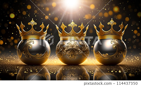 Three Christmas Balls with Golden Crowns - Three Wise Men Concept - Generative Ai Three Christmas Balls with Golden Crowns - Three Wise Men Concept - Generative Ai 114437350