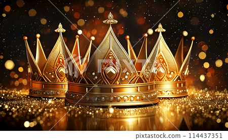 Three Gold Crowns on Black Background Epiphany Day Concept - Generative Ai 114437351