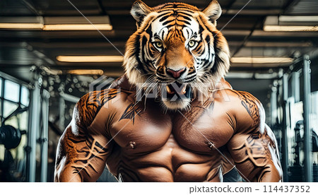 Very Muscular Man With Roaring Tiger Head in a Gym - Generative Ai 114437352