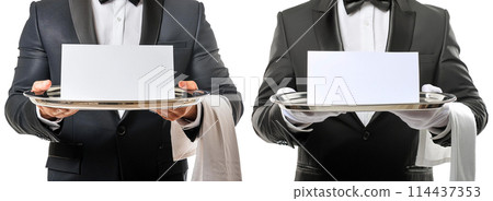Waiter Holding a Silver Serving Tray with Empty Sign Isolated on White Background - Generative Ai 114437353