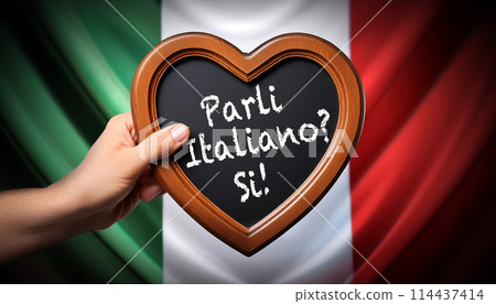Blackboard with Text Do You Speak Italian and Yes Against an Italian Flag - Generative Ai 114437414