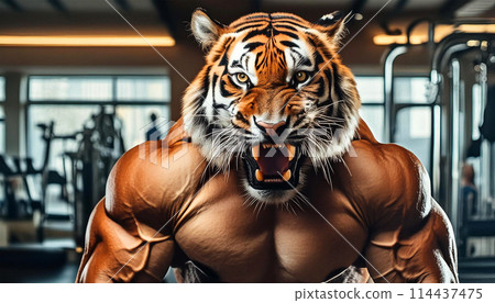 Very Muscular Man With Roaring Tiger Head in a Gym - Generative Ai 114437475