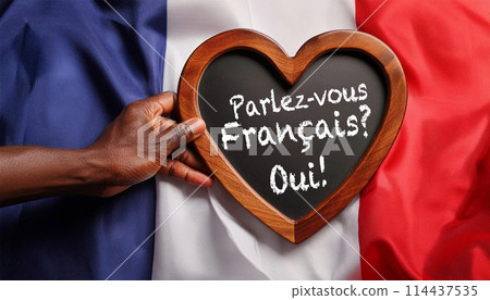 Blackboard with Text Do you Speak French and Yes Against a French Flag - Generative Ai 114437535