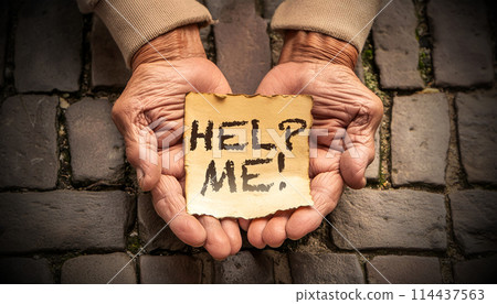 Wrinkled Hands Holding a Piece of Paper with the Text Help Me! - Generative Ai 114437563