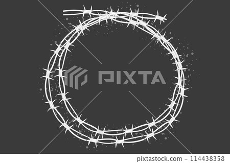 Barbed wire twisted ring y2k, round border tattoo, gothic textured steel frame, spiky oval barrier, silhouette isolated on dark background. Barbed wire twisted ring y2k, round border tattoo, gothic textured steel frame, spiky oval barrier, silhouette isolated on dark background. 114438358