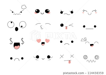 Kawaii Style Faces manga anime emotions, comic expressions, cute eyes collection isolated on white background. Doodle smiley mood design elements,  114438359