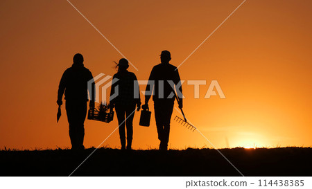 Walking through a field, three farmers are accompanied by their equipment as the sun sets. Walking through a field, three farmers are accompanied by their equipment as the sun sets. 114438385