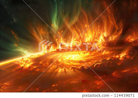 Fiery geomagnetic storm radiating intense light and energy. Generative AI. 114439071