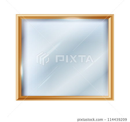 Realistic mirror with reflection on glass. Geometric mirror with frame. Reflective glass surfaces. 3d template design for interior decor. 114439209