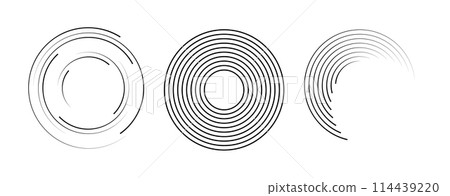 Speed lines in circle form. Radial speed Lines in Circle Form. Black thick halftone dotted speed lines. Technology round Logo. Vector 114439220