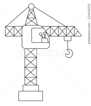 Vector black and white lifting crane with hook. Construction site, road work line icon. Building transportation clipart. Cute special transport illustration. Tall tower hoist coloring page 114439232