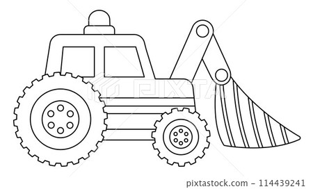 Vector black and white tractor with shovel. Construction site, road work line icon. Building transportation clipart. Cute special transport illustration. Excavator coloring page for kids Vector black and white tractor with shovel. Construction site, road work line icon. Building transportation clipart. Cute special transport illustration. Excavator coloring page for kids 114439241