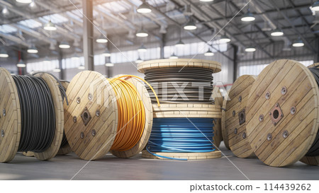 Wire electric cable on wooden coil or spool in warehouse. Wire electric cable on wooden coil or spool in warehouse. 114439262