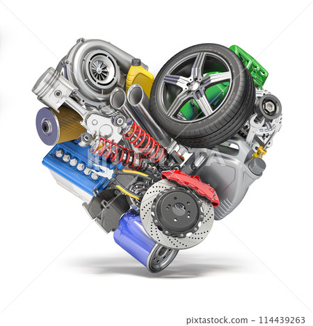 Auto parts and car spare in a form of heart isolated on white. Auto parts and car spare in a form of heart isolated on white. 114439263