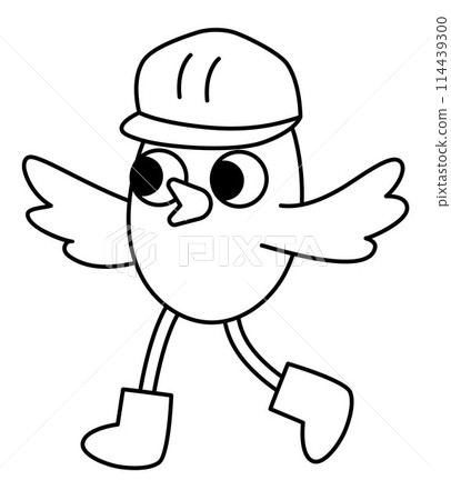 Vector black and white bird in hard hat. Construction site worker line illustration or coloring page for kids. Funny builder animal character. Cute repairmen icon isolated on white background 114439300