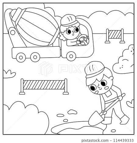 Vector black and white road work landscape illustration. Line scene with kid driver in concrete mixer and worker. Repair service, construction site square background, coloring page with funny vehicle Vector black and white road work landscape illustration. Line scene with kid driver in concrete mixer and worker. Repair service, construction site square background, coloring page with funny vehicle 114439333