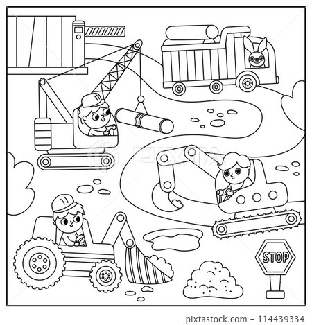 Vector black and white construction site landscape illustration. Line scene with kid drivers in tractor, truck, crawler digger, crane. Repair service square background or coloring page with vehicles 114439334
