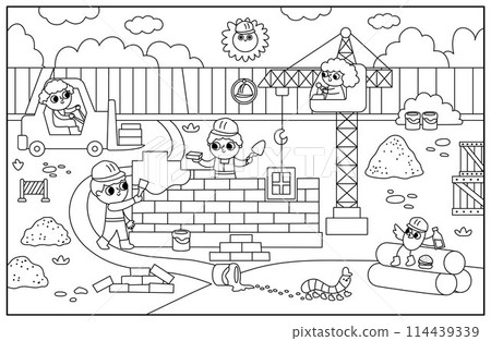 Vector black and white construction site landscape illustration. Line scene with kid workers building a brick house. Horizontal background, coloring page with funny builders, lifting crane, vehicles 114439339