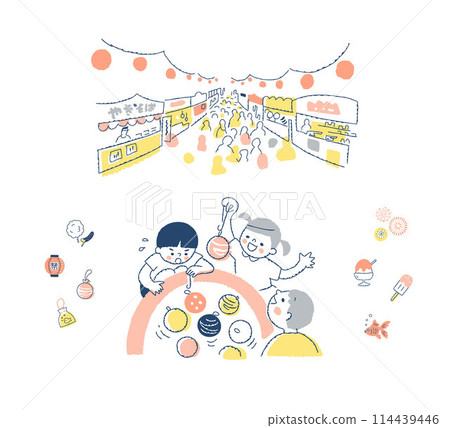 Festival stalls and children fishing with yo-yos 114439446