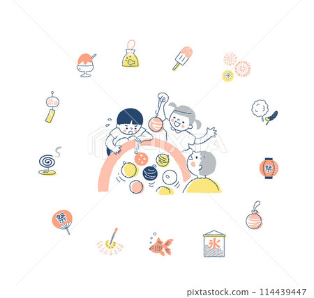 Children fishing with yo-yos and festival icons 114439447