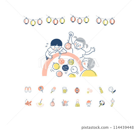 Children fishing with yo-yos and festival icons 114439448