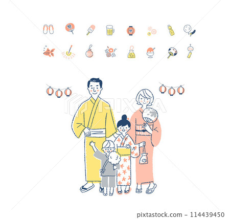 Family of four in yukata and festival icon 114439450