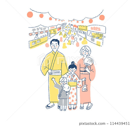 節日夜攤和穿著浴衣的四口之家 114439451