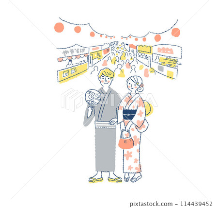 節慶夜店和穿著浴衣的年輕夫婦 節慶夜店和穿著浴衣的年輕夫婦 114439452