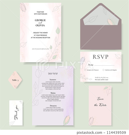 Elegant watercolor and leaves on wedding invitation card template Elegant watercolor and leaves on wedding invitation card template 114439509