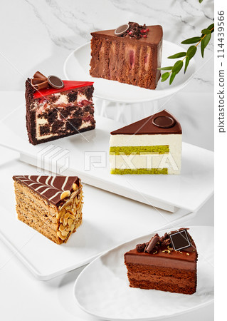 Slices of various cakes arranged on plates on marble surface Slices of various cakes arranged on plates on marble surface 114439566