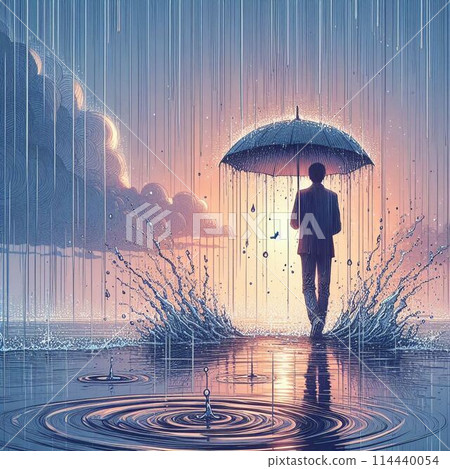 A silhouette walking on water in the rain with an umbrella 114440054