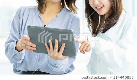Two businesswomen talking while looking at a tablet 114440095