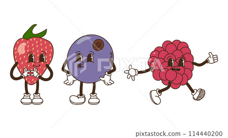 Fruits and berries in groovy style set. Strawberries blueberries and raspberries. Characters trendy retro, comic mascot. Design banner poster. Y2k Hippie 70s, 80s. Vector illustration. 114440200