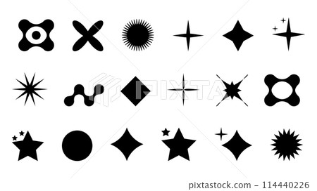 Abstract shapes in y2k style brutalist retro. Set geometric shapes atmosphere future. Black and white. For banner poster design web design. Vector illustration Abstract shapes in y2k style brutalist retro. Set geometric shapes atmosphere future. Black and white. For banner poster design web design. Vector illustration 114440226