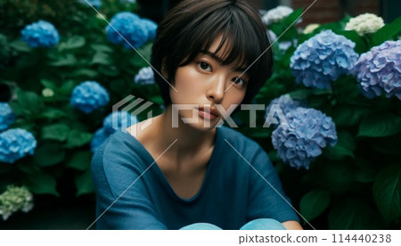 繡球花和穿藍色T恤的女人 114440238