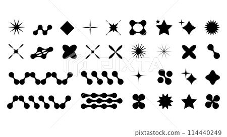 Abstract shapes in y2k style brutalist retro. Set geometric shapes atmosphere future. Black and white. For banner poster design web design. Vector illustration Abstract shapes in y2k style brutalist retro. Set geometric shapes atmosphere future. Black and white. For banner poster design web design. Vector illustration 114440249