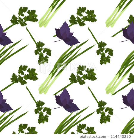 Fresh herbs and spices seasonings seamless pattern. Green onion, parsley, basil. Design of packaging, background, poster, flyer. Vector flat illustration. Fresh herbs and spices seasonings seamless pattern. Green onion, parsley, basil. Design of packaging, background, poster, flyer. Vector flat illustration. 114440250